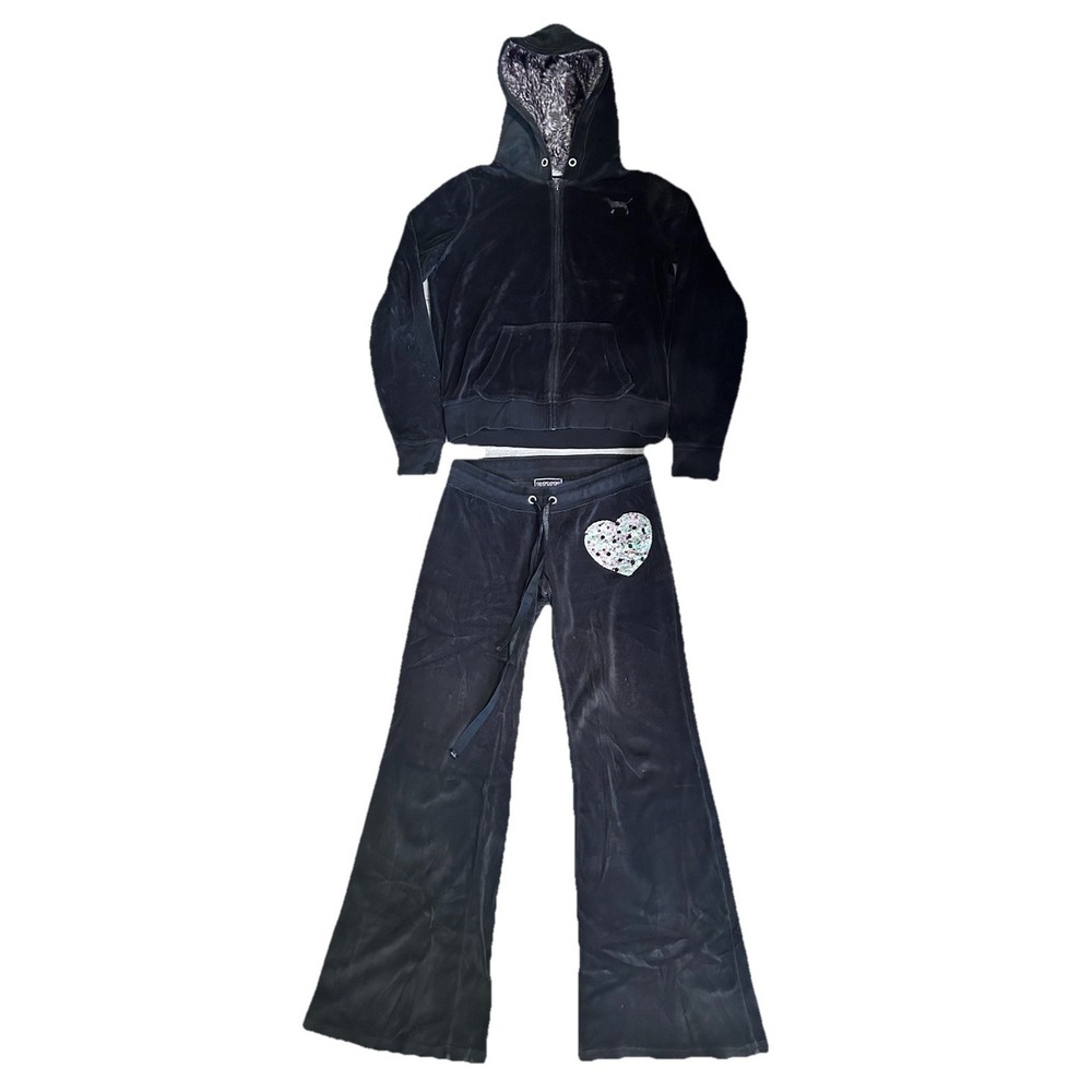 PINK Victoria Secret Black Velour Sequin Faux Fur 2pc Y2K Hooded Tracksuit Bling